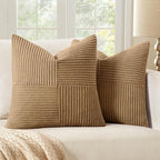 MIULEE Brown Decorative Throw Pillow Covers 20x20 Inch for Couch Bed Sofa Pack of 2 Boho Farmhouse Throw Pillows Soft Cross Corduroy Patchwork Textured Cushion Cases