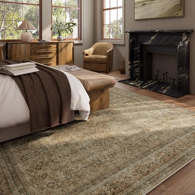 Washable Area Rugs for Living Room: 9x12 Bedroom Rug Boho Vintage Rugs Stain Resistant Non Slip Low Pile Lightweight Soft Carpets for Dining Room Kitchen Nursery Kids Room Farmhouse Living Room