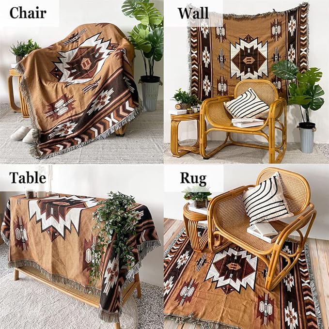Aztec Throw Blanket Native American Blanket Southwestern Boho Decor Reversible Woven Tassels Mexican Blankets and Throws for Couch Bed Chair Wall Tapestry Livingroom Outdoor Beach Brown 51"x63"