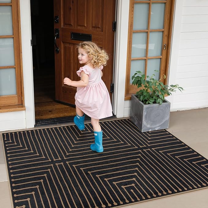 Lahome Neutral Geometric 3x5 Easy Jute Rug, Washable Rugs for Bedroom Entryway Outdoor Patio Porch Carpet, Farmhouse Rhombus Non Slip Non Shedding Black Carpet for Kitchen Entrance Balcony