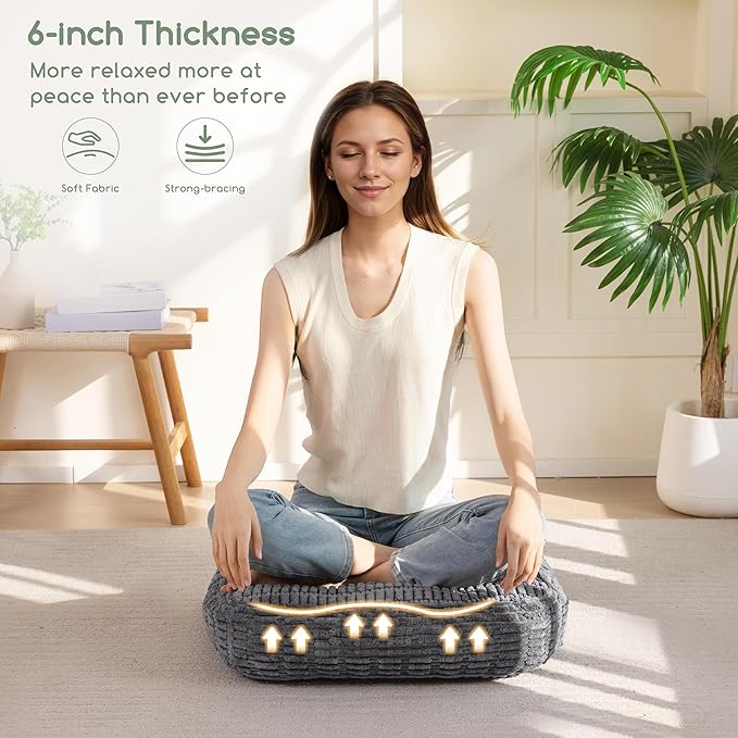 6" Washable Floor Pillow Cushion for Adults, Meditation Cushion Pillow, Removable Tufted Blended Corduroy Cover, Large Square Floor Sitting for Tatami Living Room or Yoga, 22x22 Inch, Machine Washable