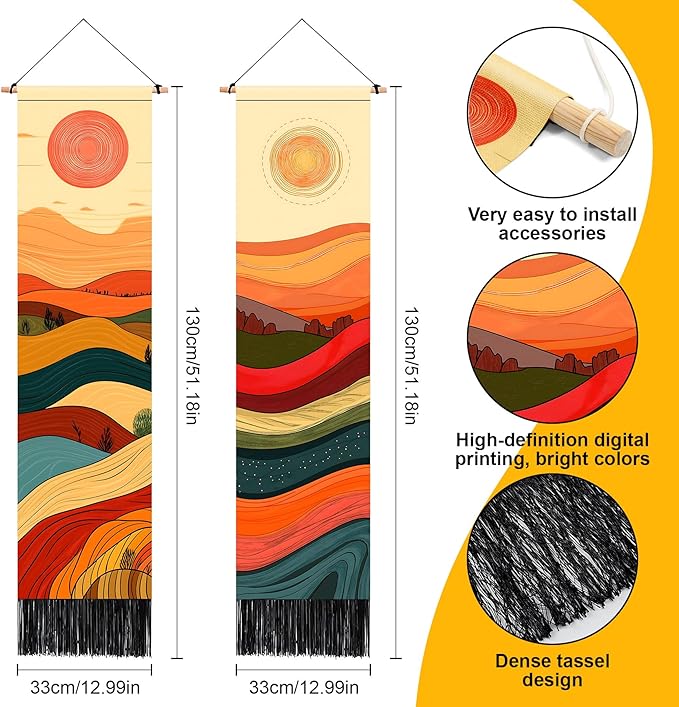 AOHMPT Pack of 2 Long Vertical Tapestry,Nature Landscape Tapestry with Serene Mountain River, Moon & Sun Motifs,Traditional Ink Painting Wall Art , Zen Aesthetic Wall Hanging for Living Room Bedroom Decor 13" W x 51" H"
