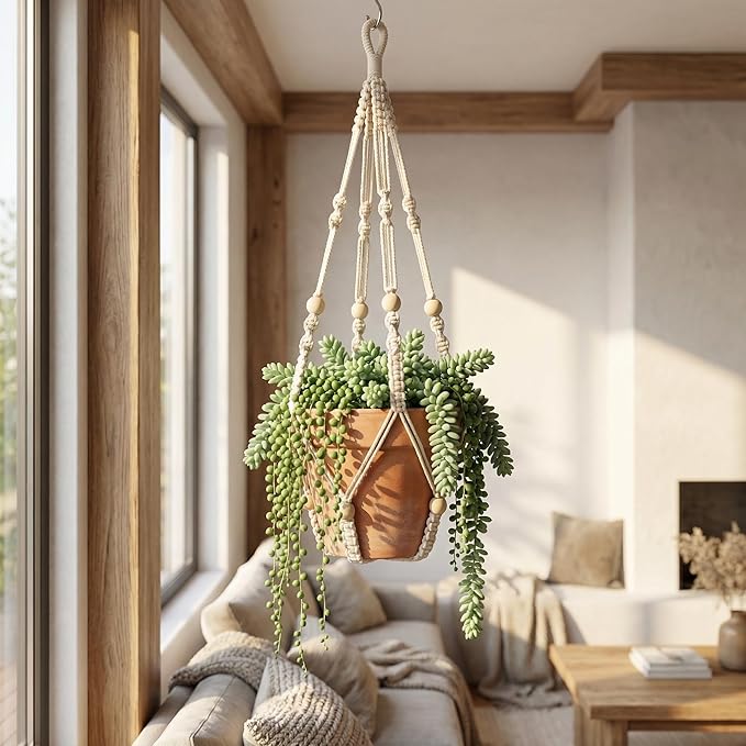 Macrame Plant Hanger 35", Set of 2 No Tassel Hanging Plant Holder, Sturdy Flower Pot Holder with 4 Hooks - Ivory