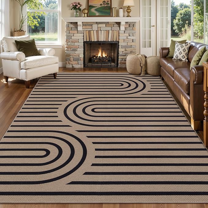 Tangsoo Easy Jute 5x7 Large Washable Area Rug for Dining Room Table,Non-Slip Black Outdoor RugThin Indoor Mat,Modern Farmhouse Rainbow Carpet for Living Room Bedroom Patio Home Decor