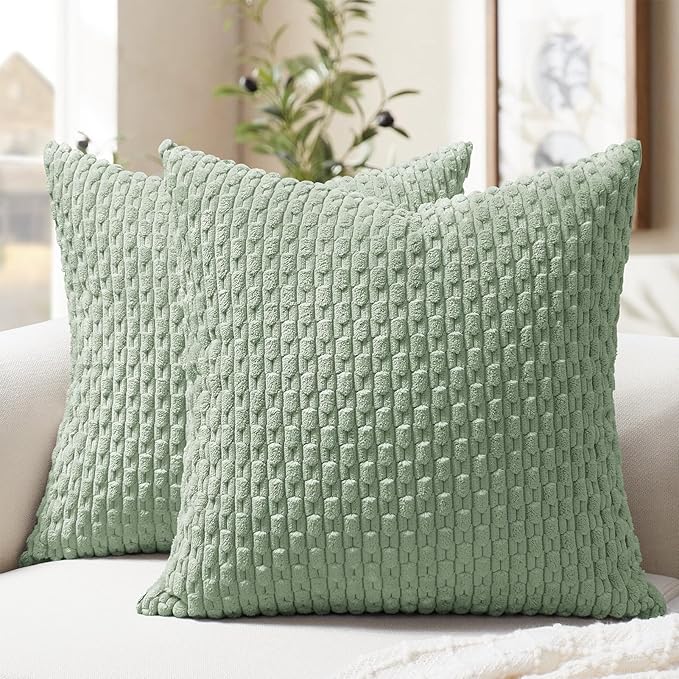 Softalker Throw Pillow Covers 18x18 Inch, Set of 2, Soft Corduroy Boho Stripe Decorative Pillow Cover, Couch Fluffy Pillow Cover for Farmhouse Home Decor Bed Living Room, Sage Green
