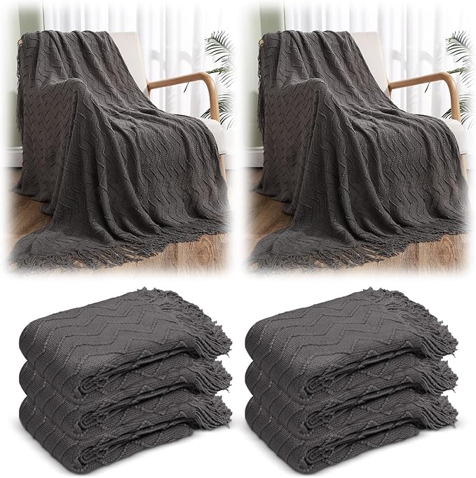 Buryeah 6 Pack Boho Knitted Throw Blankets with Tassels 50x60 Soft Warm Throws Bulk for Wedding Guests Housewarming Employee Teacher Appreciation Gifts Cozy Farmhouse Home Decor (Dark Gray)