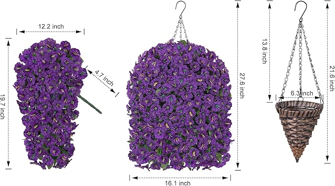 HyeFlora Artificial Faux Hanging Flowers Plants Basket for Outdoor Outside Porch Decoration, UV Resistant Fake Silk Purple Morning Glory Trailing Vines Realistic for Summer Home Balcony Yard Patio