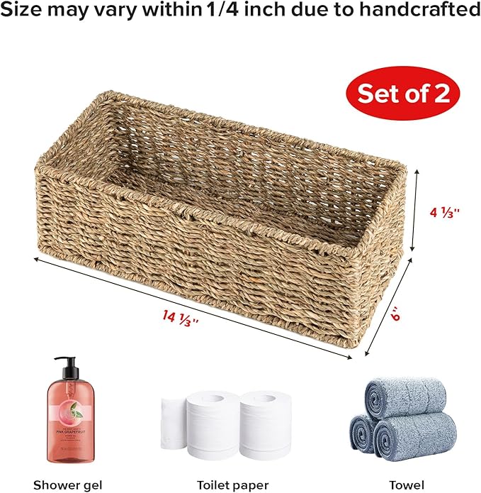 Small Wicker Baskets 2 Pack, Hand Woven Toilet Basket Tank Topper, Toilet Tank Basket for Bathroom Organizing, Seagrass Storage Baskets for Toilet Paper (14.4"Lx6.1"Wx4.4"H)