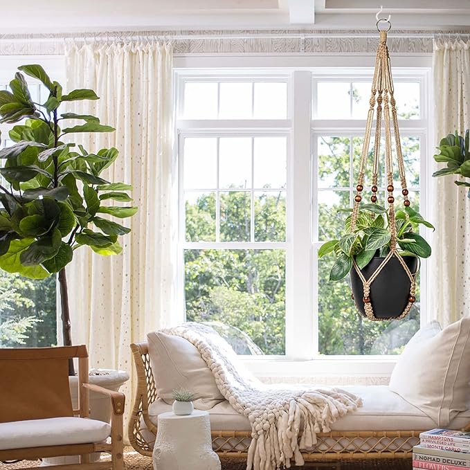 AKEIE Brown Macrame Plant Hanger Indoor Outdoor Plant Holder Basket 41'' Hanging Planter Rope w/Wood Beads No Tassels for Indoor Outdoor Boho Home Decor(Brown)