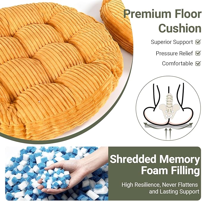 Large Floor Pillow for Adults, 22x22" Memory Foam Floor Cushion with Corduroy Cover, Round Floor Sitting Cushions for Meditation, Lounge,Seating for Yoga, Tatami Living Room (2, Round-Orange)