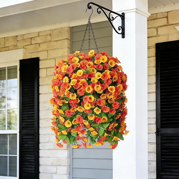Artificial Flowers with Hanging Basket, Outdoor Faux Plants Silk Morning Glory Vines, Fake Green Arrangement for Garden Patio Spring Summer Decor(Orange)