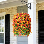 Artificial Flowers with Hanging Basket, Outdoor Faux Plants Silk Morning Glory Vines, Fake Green Arrangement for Garden Patio Spring Summer Decor(Orange)