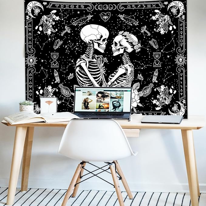 KJHL Black and White Gothic Witchy Skull Tapestry 44ʺ x 60ʺ Floral Constellation Skeleton Aesthetic Tapestries Wall Hanging for Bedroom Dorm