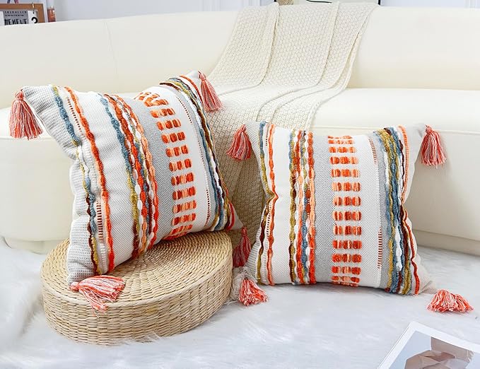 Boho Throw Pillow Covers 16x16 Aesthetic Neutral Boucle Couch Pillow Cover Rainbow Striped Decorative Accent Pillow Case for Couch Bed Sofa Farmhouse Bedroom,Modern Funky,Set of 2 Red