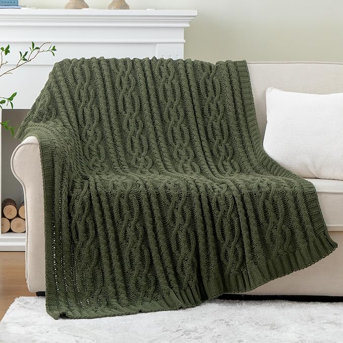 Battilo Olive Green Throw Blanket for Couch, Chunky Cable Knit Blanket, Woven Soft Cozy Chenille Throw Blanket for Bed, Sofa, Chair, Living Room, 51"x67"