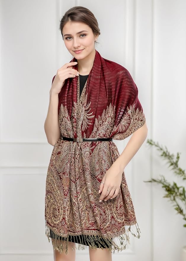 Achillea Reversible Paisley Pashmina Rave Scarf – Exotic Indian Shawls and Wraps for Evening Dresses, Festivals, All Seasons