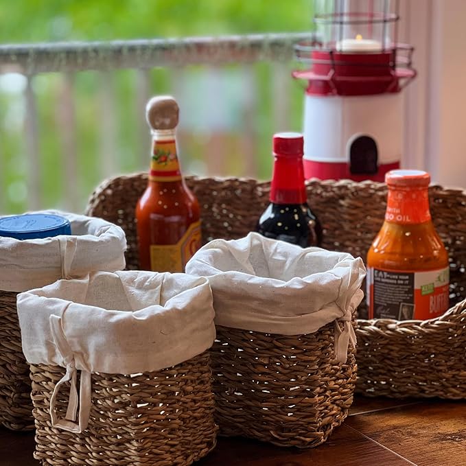 Organizer Basket Set, Set of 4, Includes 3 Lined Removable Bin-Baskets, One Caddy-Utility Basket, Handmade, Sea Grass, Cotton, Bow Ties, Honey Color, 15.75 Inches