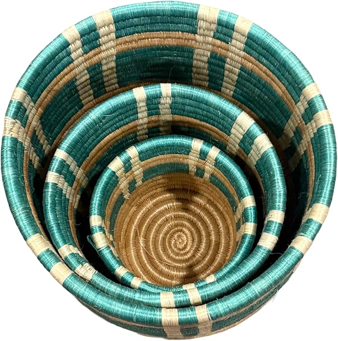 African Planter Baskets Sets of 3 Woven Sisal Baskets for Indoor Plant Pots Covers Home Decor Storage Organizer Gifts Zen Designs Arts and Crafts (Turquoise and Biege)