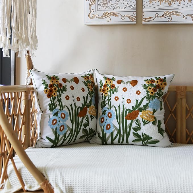 2Pcs Throw Pillow Covers, Boho Daisy Floral Embroidered Pillow Case Soft Decorative Pillowcases for Home Sofa Couch 18x18 Inch