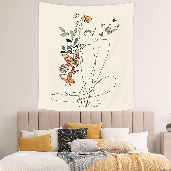 SVBright Abstract Woman Butterfly Fabric Wall Hanging Tapestry 51Wx59H Inch Minimalist Modern Flower Plant Mid Century Terracotta Aesthetic Portrait Beige Home Decor Art for Living Room Bedroom Dorm