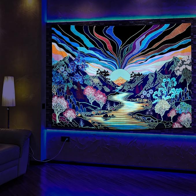 Dermijer Blacklight Forest Mountain Tapestry Sun Tapestry UV Reactive Retro Landscape Tapestries Black Light Watercolor Flower Trees Wall Art Tapestries Wall Hanging for Home Decor 92.5L x 70.8W