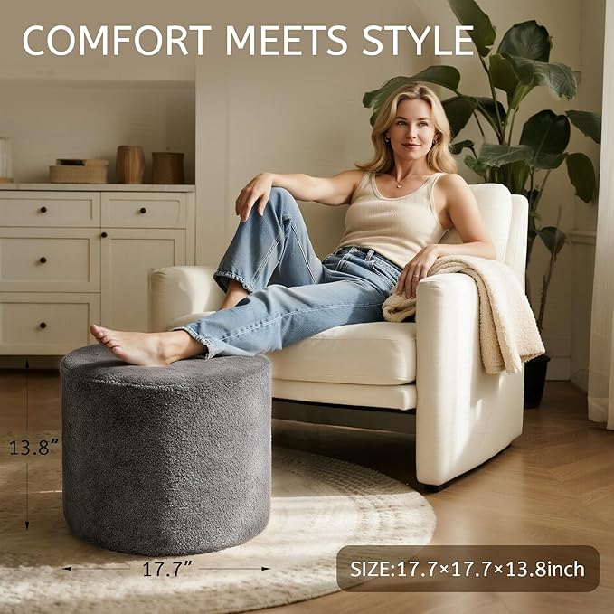 Round Boucle Pouf Ottoman Footrest – Soft & Lightweight Footstool with Full Foam Filling for Living Room, Bedroom
