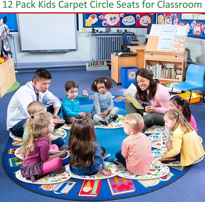 Tinideya 12 Pcs Kids Carpet Circle Seats for Class 16 Inch Round Classroom Rug Floor Cushions Soft First Day of School Educational Mat Non Slip Back to School Learning Playing Areas(Handprint)