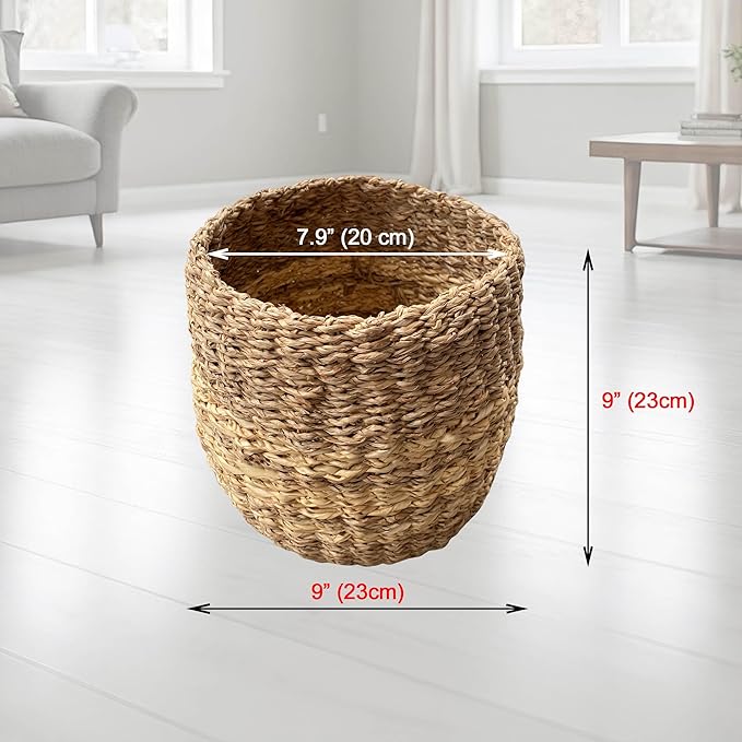 Small Seagrass Basket | Handwoven Natural Waste Bin for Garbage, Storage, or Holding Planters | Ideal for Bathroom, Bedroom, Office, or Under Desk Use (Seagrass)
