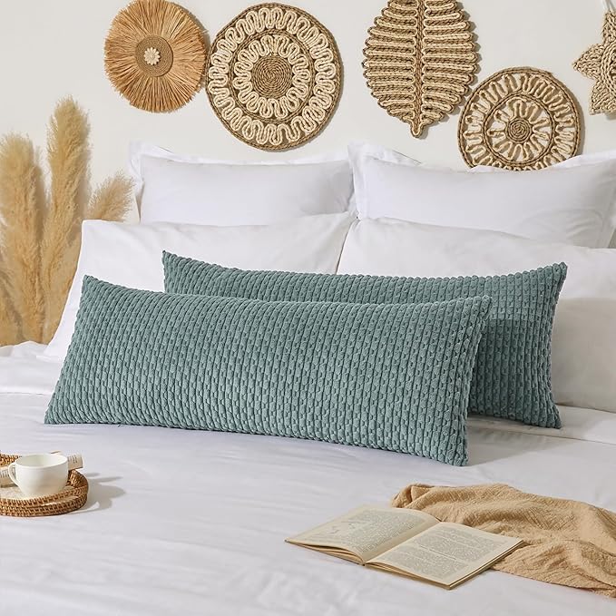 Kevin Textile 20x54 Inch Long Body Lumbar 1 Pack Boho Decorative Throw Pillow Cover Soft Striped Corduroy Rectangle Cushion Case Farmhouse Accent for Living Room Couch Sofa Bed, Teal Green
