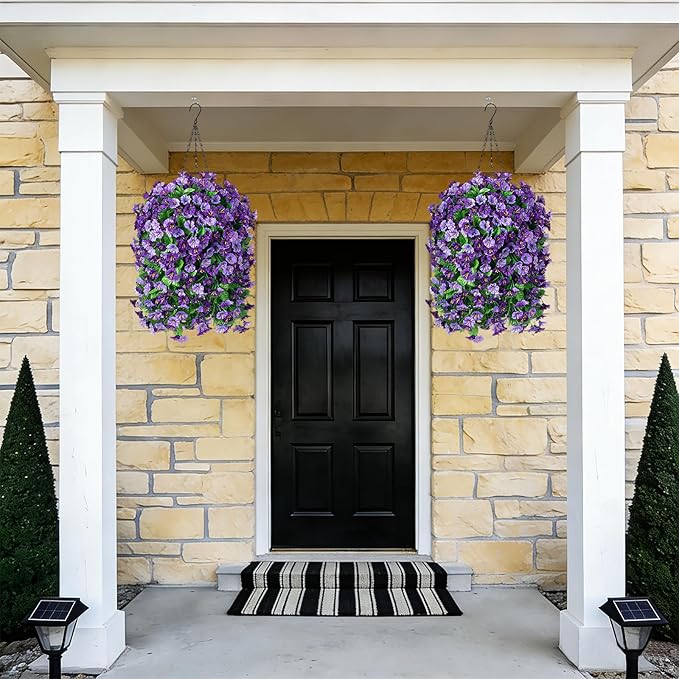 Artificial Flowers with Hanging Basket, Outdoor Faux Plants Silk Morning Glory Vines, Fake Green Arrangement for Garden Patio Spring Summer Decor(Purple)
