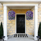 Artificial Flowers with Hanging Basket, Outdoor Faux Plants Silk Morning Glory Vines, Fake Green Arrangement for Garden Patio Spring Summer Decor(Purple)