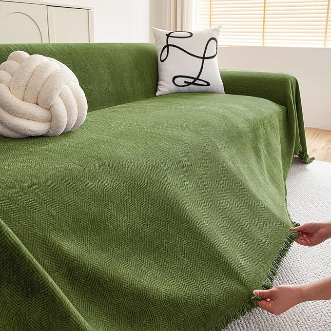 hyha Couch Cover for Dogs, Boho Sofa Covers for 3 Cushion Couch Washable, Chenille Sofa Slipcover for Pets, Soft Loveseat Sectional Couch Throw Blankets with Tassels (Green, 71x91 Inch)