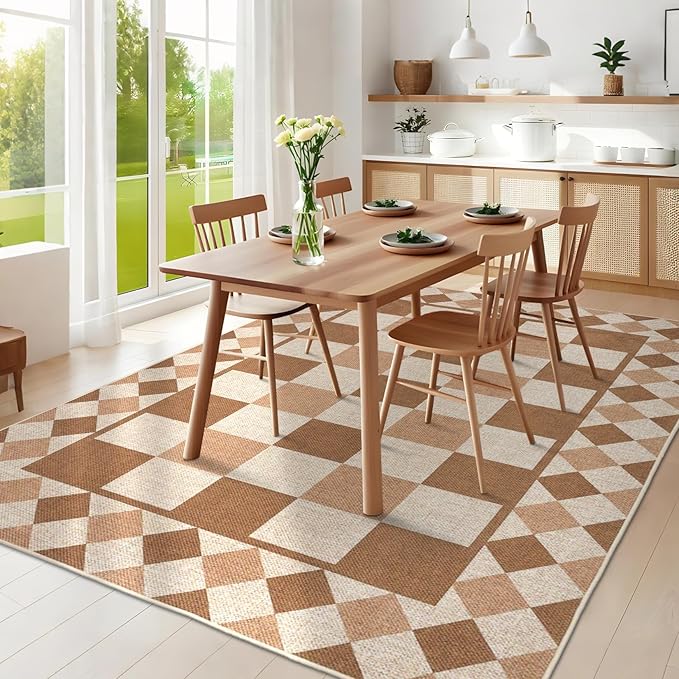 GarveeHome Easy Jute Rug 10x13 Washable Rugs for Farmhouse Living Room Checkered Indoor Outdoor Rug for Patio Non-Slip No Shed Jute Rugs Geometric Carpet for Dining Room Backyard Office, Brown