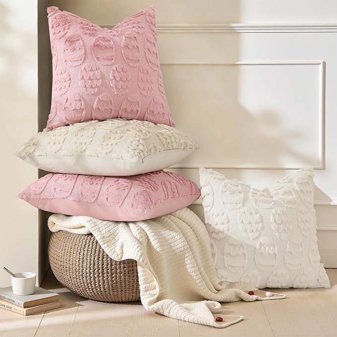 decorUhome Easter Pink Egg Pillow Covers 18x18 Inch Set of 2, Soft Plush Faux Wool Jacquard Cushion Covers, Farmhouse Neutral Fuzzy Spring Easter Holiday Decor for Couch Sofa Bed