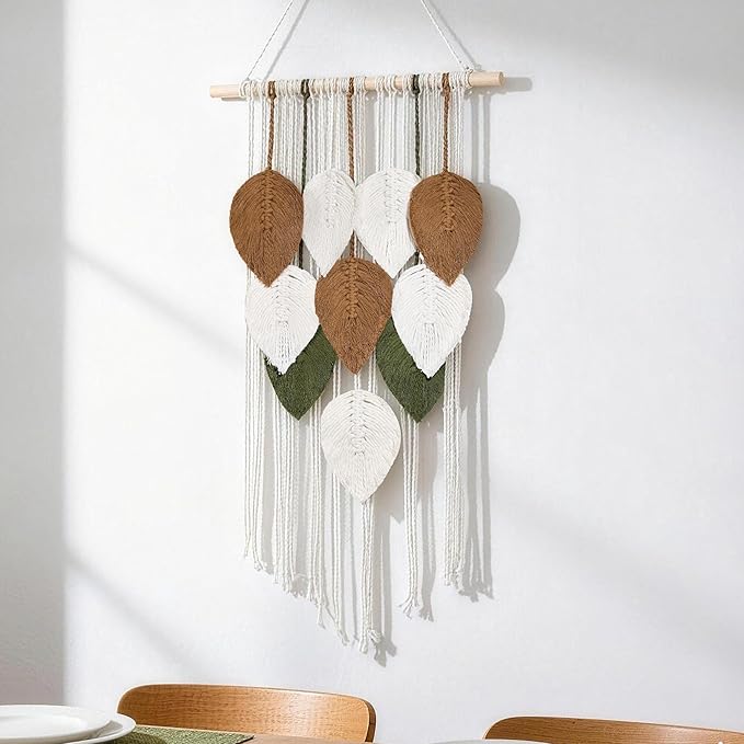 NYEONHRT Macrame Wall Hanging Boho Leaf and Feather Tapestry Handmade Woven Wall Art for Living Room Bedroom Nursery Decor 16x31 Inch (Brown green)