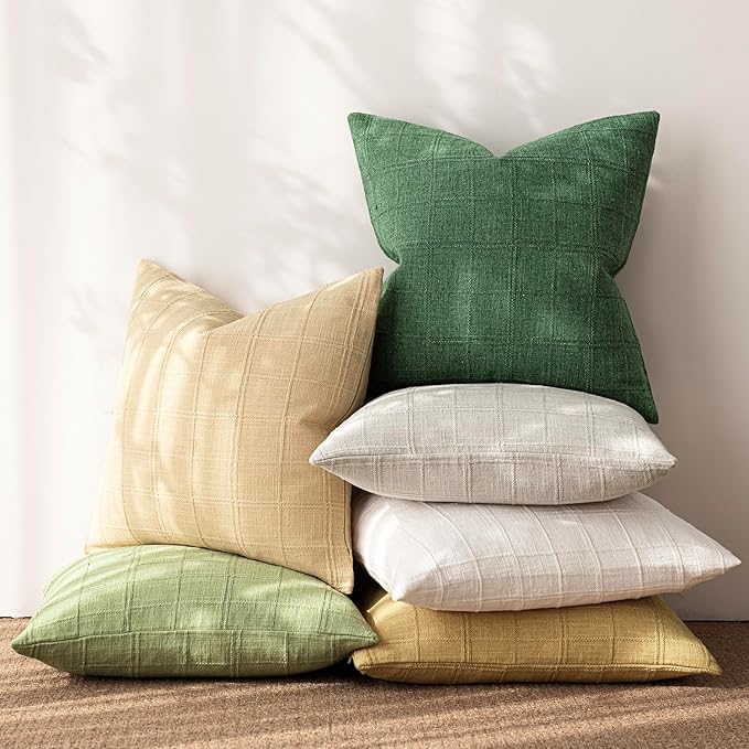 Foindtower Set of 2 Decorative Linen Check Throw Pillow Covers Neutral Farmhouse Vintage Cushion Covers Modern Boho Accent Home Decor for Sofa Chair Couch Bedroom Living Room,24×24 Inch,Forest Green