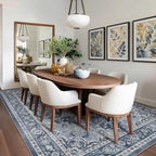 8x10 Blue Gray Rugs for Living Room, Transitional Medallion Washable Large Rug for Bedroom Under Bed, Modern Vintage Distressed Low Pile Thin Soft Carpet Rugs for Dining Room Office