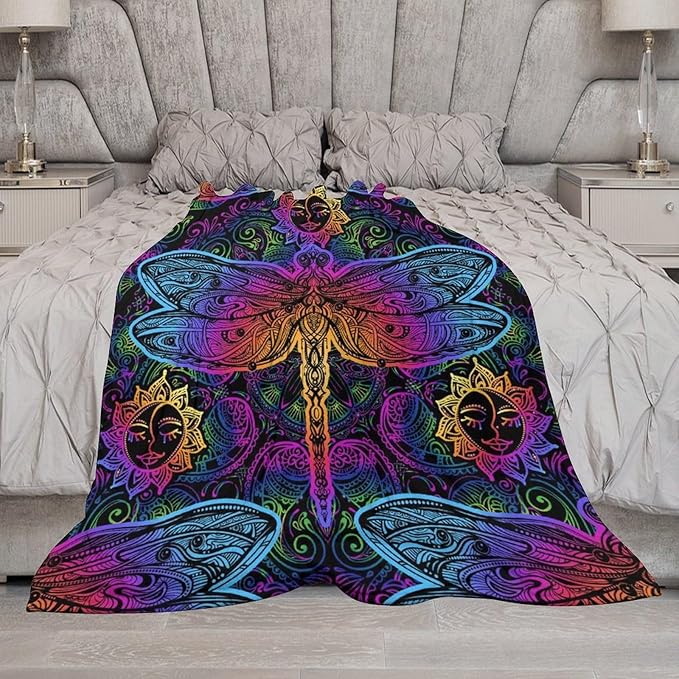 Mandala Boho Throw Blanket Colorful Dragonfly Sun Bohemian Blanket for Sofa Bed Couch Chair Or Dorm 30"x40"