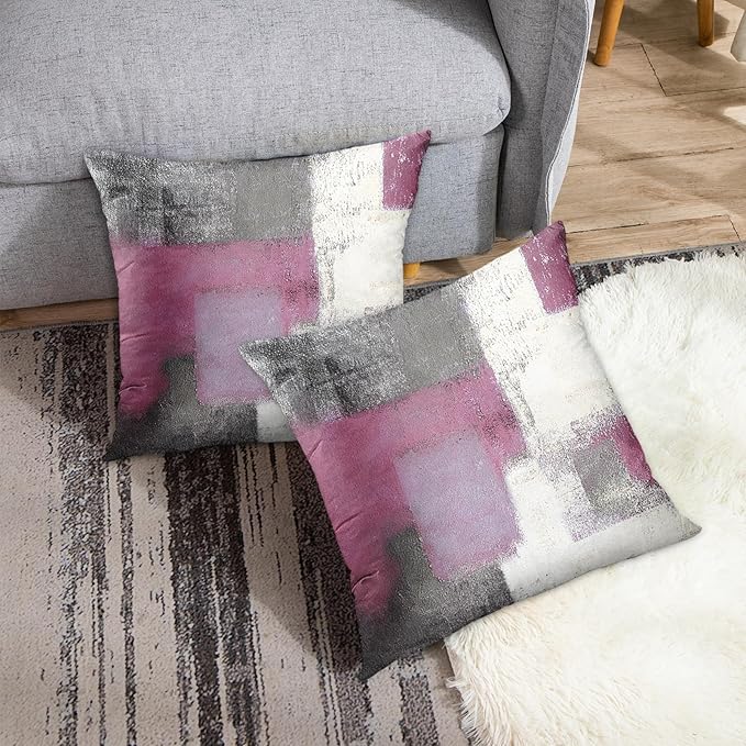 Emvency Set of 2 Pink Painting Throw Pillow Covers Contemporary Line Gray Abstract Modern Design Retro Decorative Pillow Case Home Decor Standard Square 18x18 Inch Cushion Pillowcase