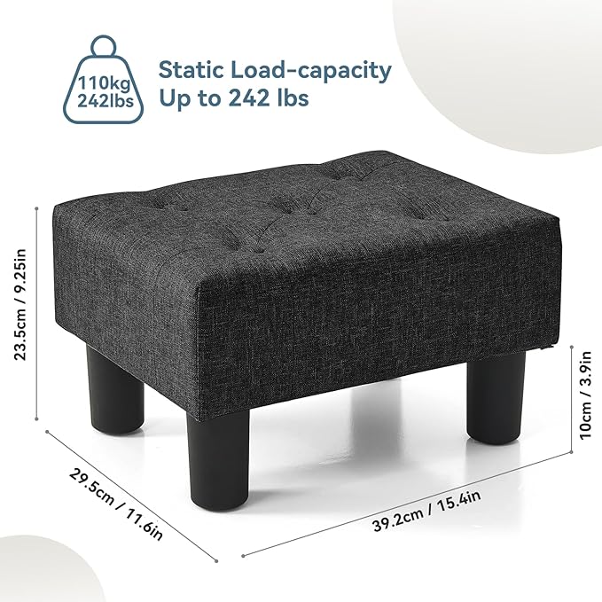 Poofzy Small Foot Stool Ottoman, Linen Ottoman Foot Rest with Legs, Rectangle Foot Rest for Couch, Footstools and Ottomans Small for Living Room and Entryway (Black)