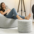 Round Pouf Ottoman, Stuffed Floor Pouf with Foam Chunk Filling, Soft Coral Fleece Furry Foot Rest Stool, Multi-Use Ottoman for Living Room, Wide Stripe Boho Decor,Dark Gray