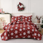 JSD Christmas Quilt Set Full/Queen, Red Buffalo Plaid Snowflakes Bedspreads, 3 Piece Microfiber Coverlet Quilted Blanket with Pillow Shams