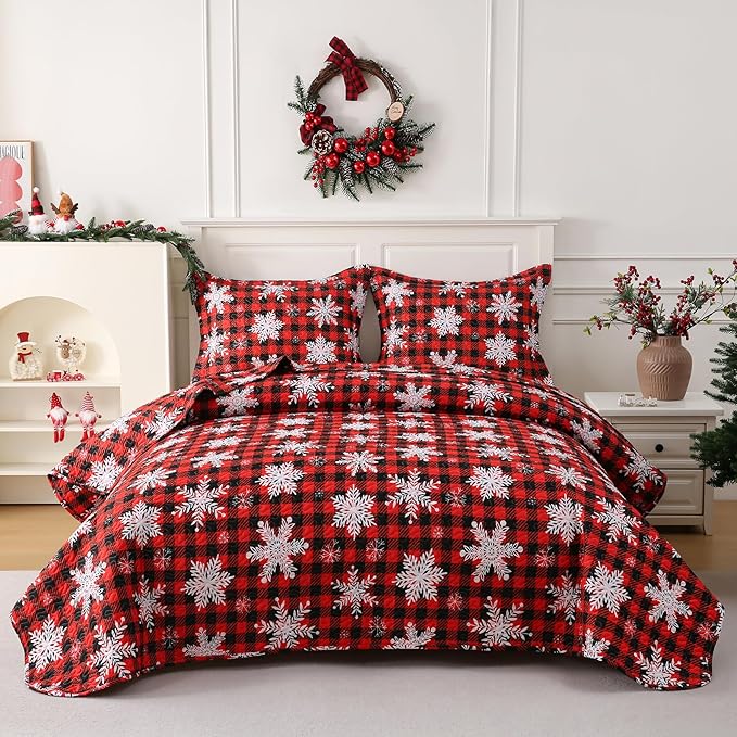 JSD Christmas Quilt Set Twin Size, Red Buffalo Plaid Snowflakes Bedspreads, 2 Piece Microfiber Coverlet Quilted Blanket with Pillow Shams