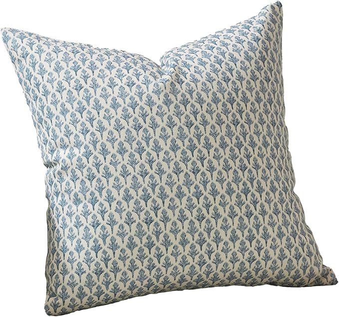 Floral Pillow Covers 20x20 Pillow Cover Block Print Couch Pillows for Living Room Decorative Neutral Accent Throw Pillow Covers, 1PC, Aqua Blue