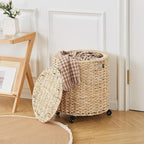 Wimarsbon 2Pcs Pouf Ottomans, Natural Seagrass Foot Stool, Hand Weaving Round Ottoman, Boho Decorative Seat, Jute Braided Pouffe Poof Accent Sitting Footrest (Storage Corn Husk)