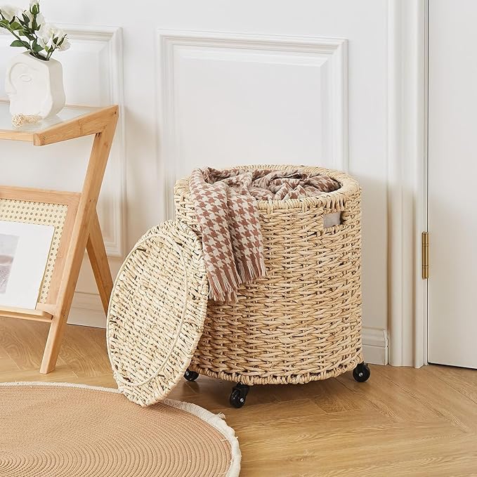 Wimarsbon 2Pcs Pouf Ottomans, Natural Seagrass Foot Stool, Hand Weaving Round Ottoman, Boho Decorative Seat, Jute Braided Pouffe Poof Accent Sitting Footrest (Storage Corn Husk)