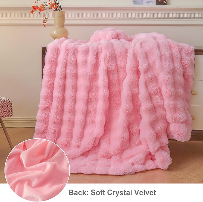 LIFEREVO Luxury Fluffy Faux Rabbit Fur Throw, Plush Fuzzy Bubble Waffle Blanket for Couch Sofa, Soft Cute Furry Blanket Home Decoration, Shaggy Lap Throw for Bedroom Living Room Office, 50x60, Pink