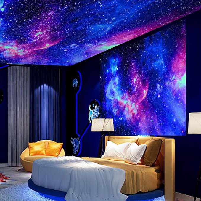 Blacklight Galaxy Tapestry for Bedroom Aesthetic Space Starry Sky Stars Universe Backdrop Black Light Poster Decor Wall Hanging Glow in the Dark Tapestry for Living Room Dorm Home Decoration(60"X79")