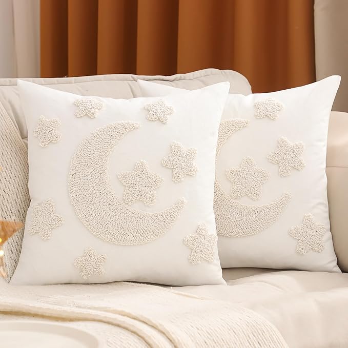 Tosleo Ramadan Pillow Covers 18x18 inch Set of 2 Beige Tufted Embroidery Throw Pillow Covers Ramadan Eid Mubarak Cushion Covers Moon and Star Decorations for Home Couch Sofa Outdoor