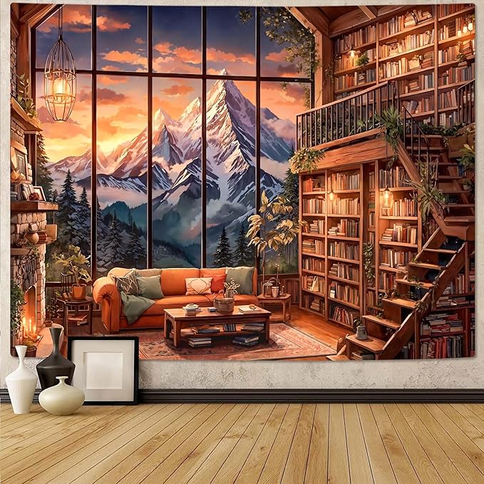 Accnicc Forest Mountain Library Tapestry Fantasy Bookshelf Tapestries Wall Hanging Vintage Watercolor Nature Fairy Library Backdrop Large Tapestry for Bedroom Living Room Dorm Classroom 80 x 60 inch